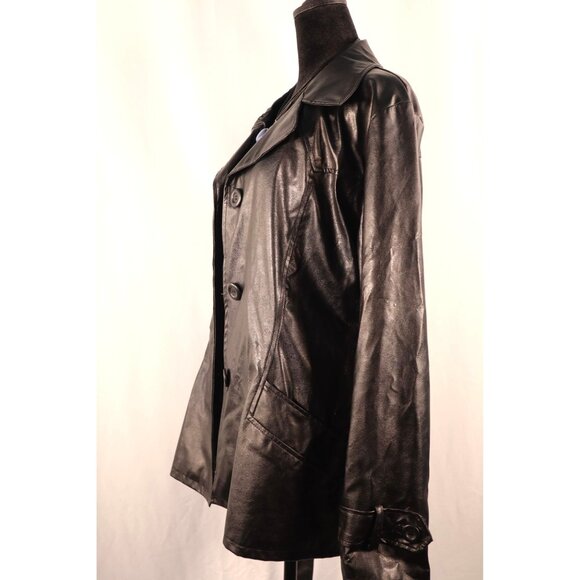 Vintage 90s Y 20K Jennyfer J Faux‎ Black Leather Trench Coat Women's Size 2X - Picture 3 of 16